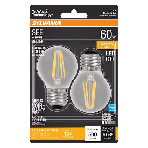 Sylvania Sylvania Truwave G16.5 E26 (Medium) LED Bulb Soft White 60 Watt Equivalence 2 pk 40850 - main